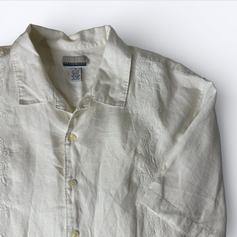 Breakwater Linen Camp‎ Shirt Mens XL White Floral Embroidered Vacation Resort